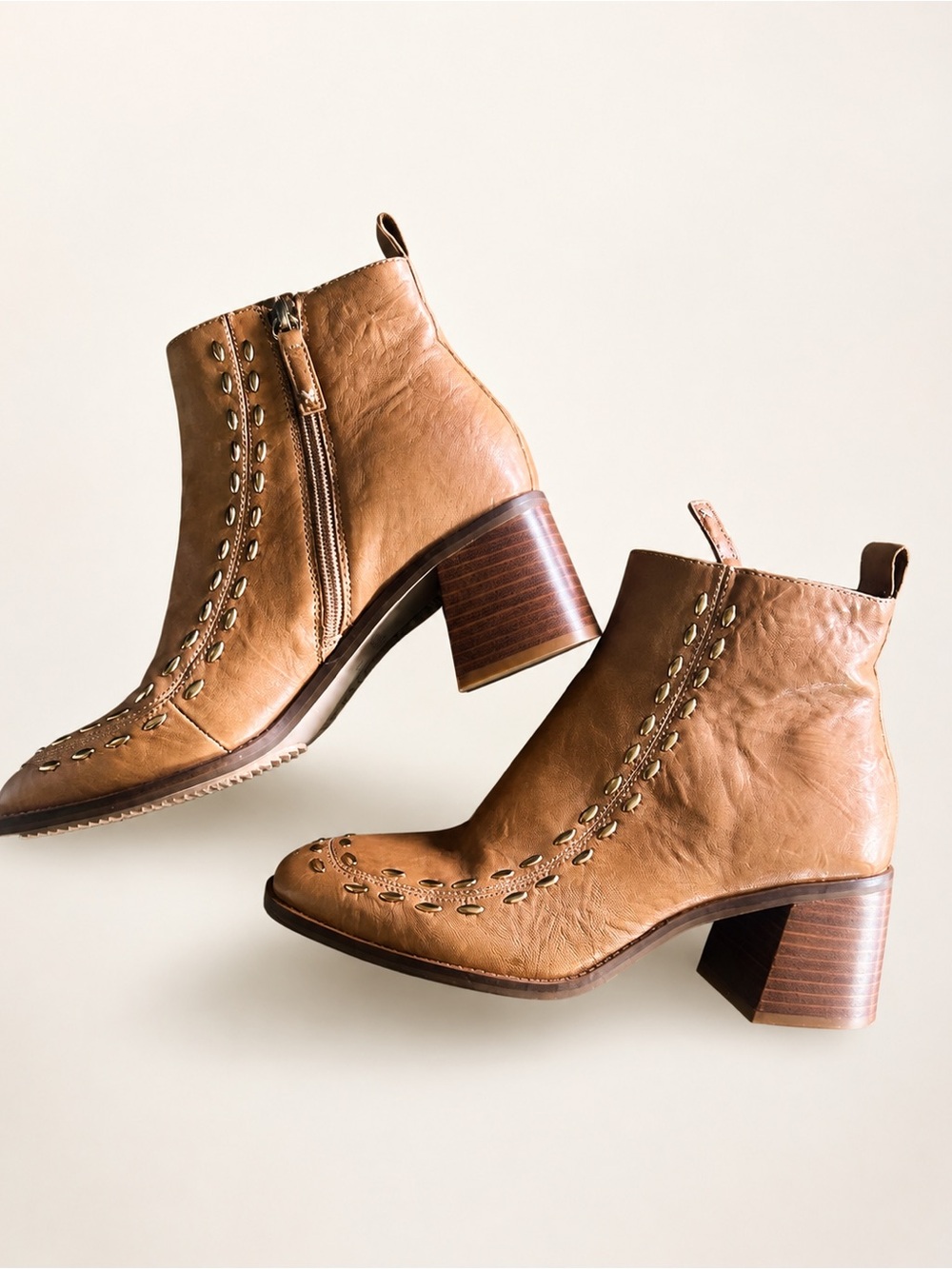 Kelsi Dagger Max Cognac Leather Studded Ankle Boots Women’s 8.5 NWOT